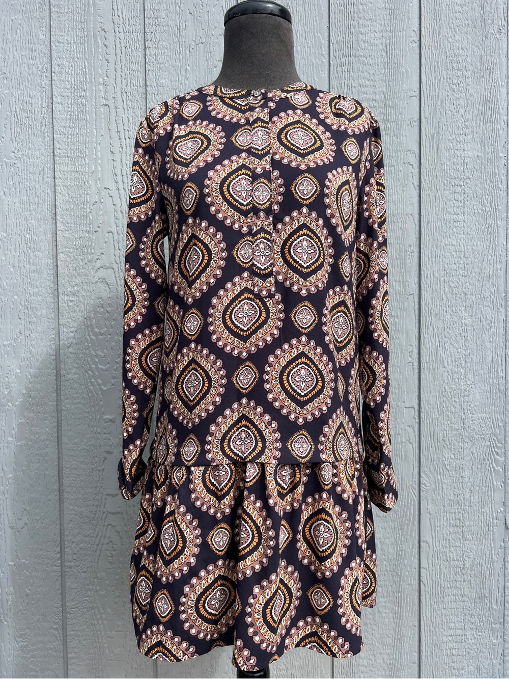 Anne Taylor LOFT Boho Geometric Medallion Print Drop Waist Long Sleeve Dress XS
